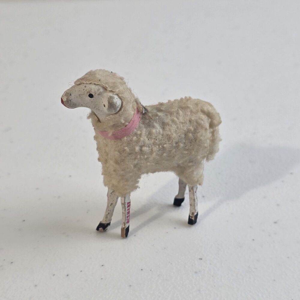 Antique German Putz Stick Leg Sheep 2 1/8" Pink Collar Matchstick Wood Germany - Picture 2 of 7
